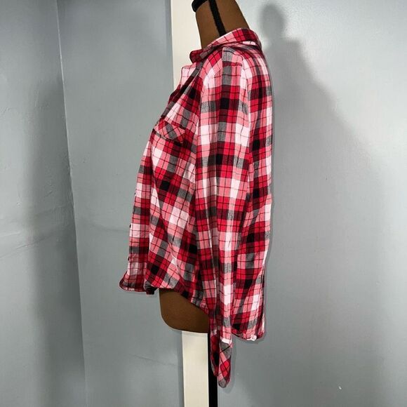 Victoria’s Secret, Button Up Plaid Flannel Top, Red Black White, Women’s Small - Picture 3 of 6